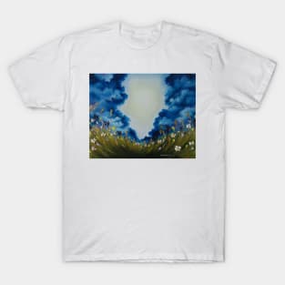 Skyscape, clouds art, flowers artwork, field of wild flowers print, nature landscape, sky of clouds, country decor, flowers decor T-Shirt